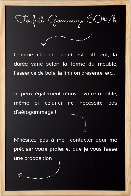 Tableau montrant les services d'aérogommage de Tendre Gomme pour la rénovation meubles anciens en douceur