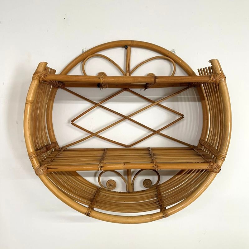 Étagère murale ronde en rotin vintage – style bohème années 70